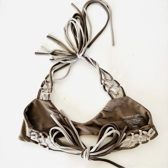 ANTHROPOLOGIE SIEMPRE GOLDEN Tan Beige Cream Halter Tie Multi Strap Bikini Top S - Picture 2 of 7